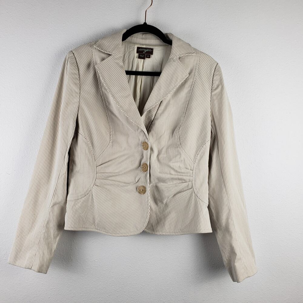 Unger Women's 12 Button Up Cinched Summer‎ Blazer Cream Tan Textured Pinstripe